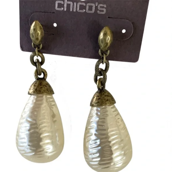 Chico's Elegant Gold and Cream Teardrop Earrings - Picture 2 of 4